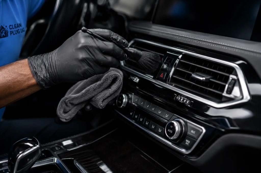 Clean Plug UG car detailing specialist brushing dashboard air vents in a luxury vehicle interior