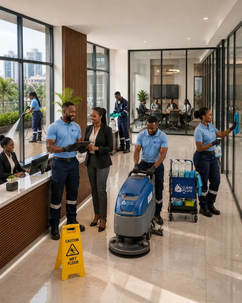 Clean Plug UG commercial office cleaning team working in a modern workplace with clients and professional equipment
