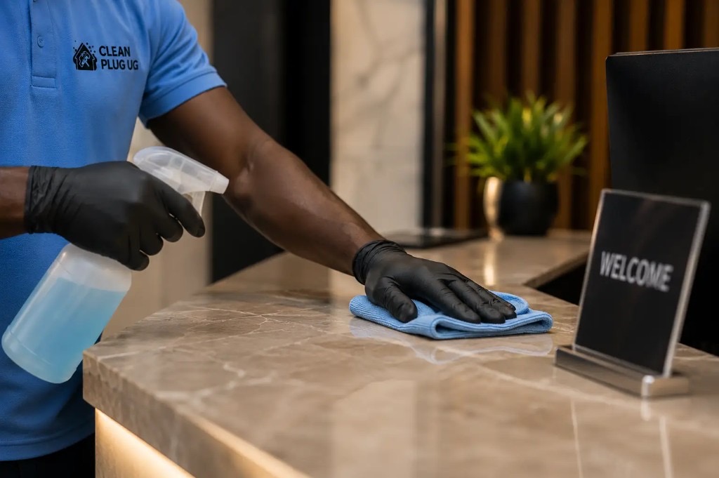 Clean Plug UG commercial cleaner sanitizing a marble reception desk in an office lobby