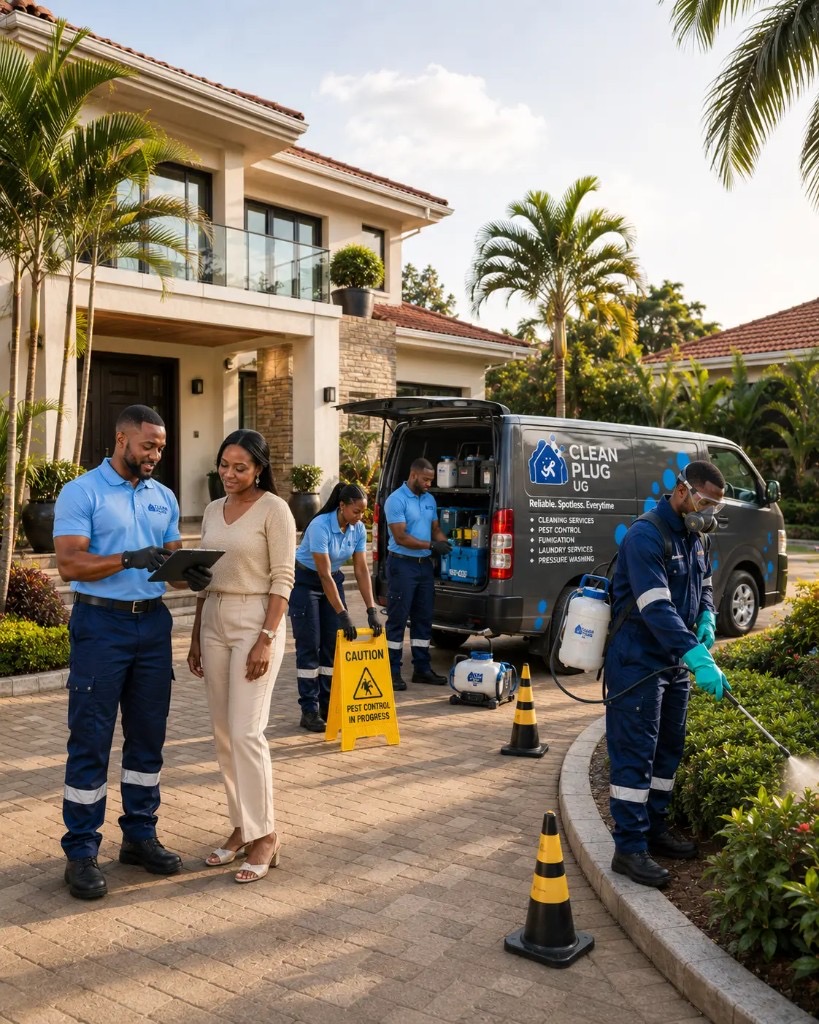 Clean Plug UG crew performing pest control and home service with client consultation
