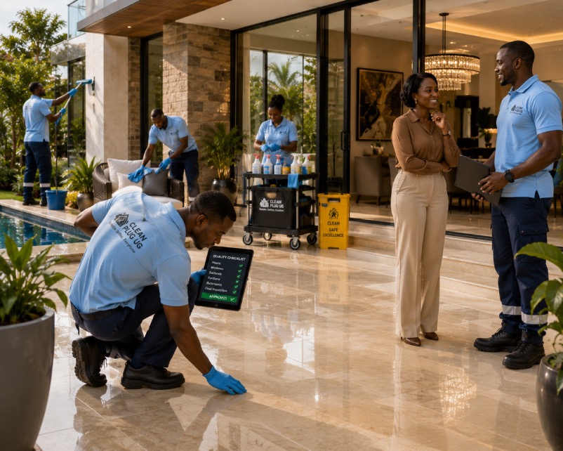 Clean Plug UG full-service home cleaning team at a luxury villa with quality checklist and happy client