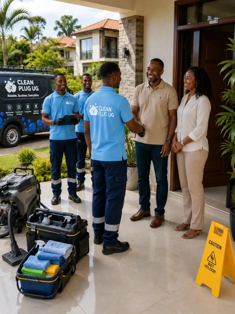Clean Plug UG home cleaning team shaking hands with happy clients outside a modern house in Uganda