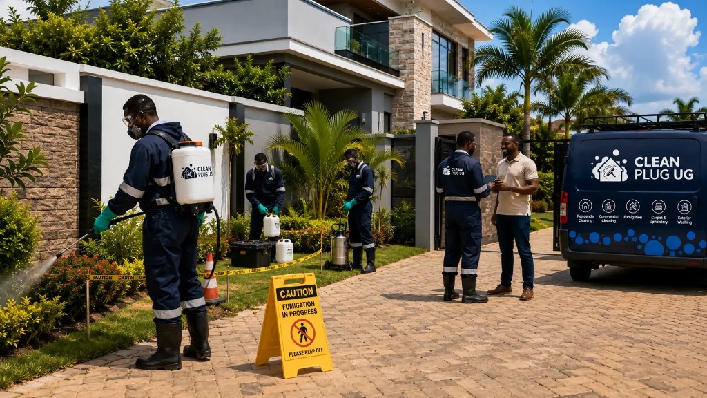 Clean Plug UG fumigation team in PPE spraying residential grounds with caution signage and branded van