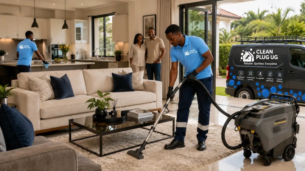 Clean Plug UG residential cleaning team vacuuming a luxury living room while homeowners look on
